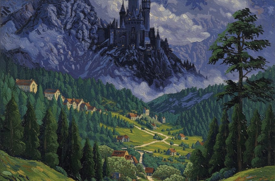 Castle in the distance with mountains and a village